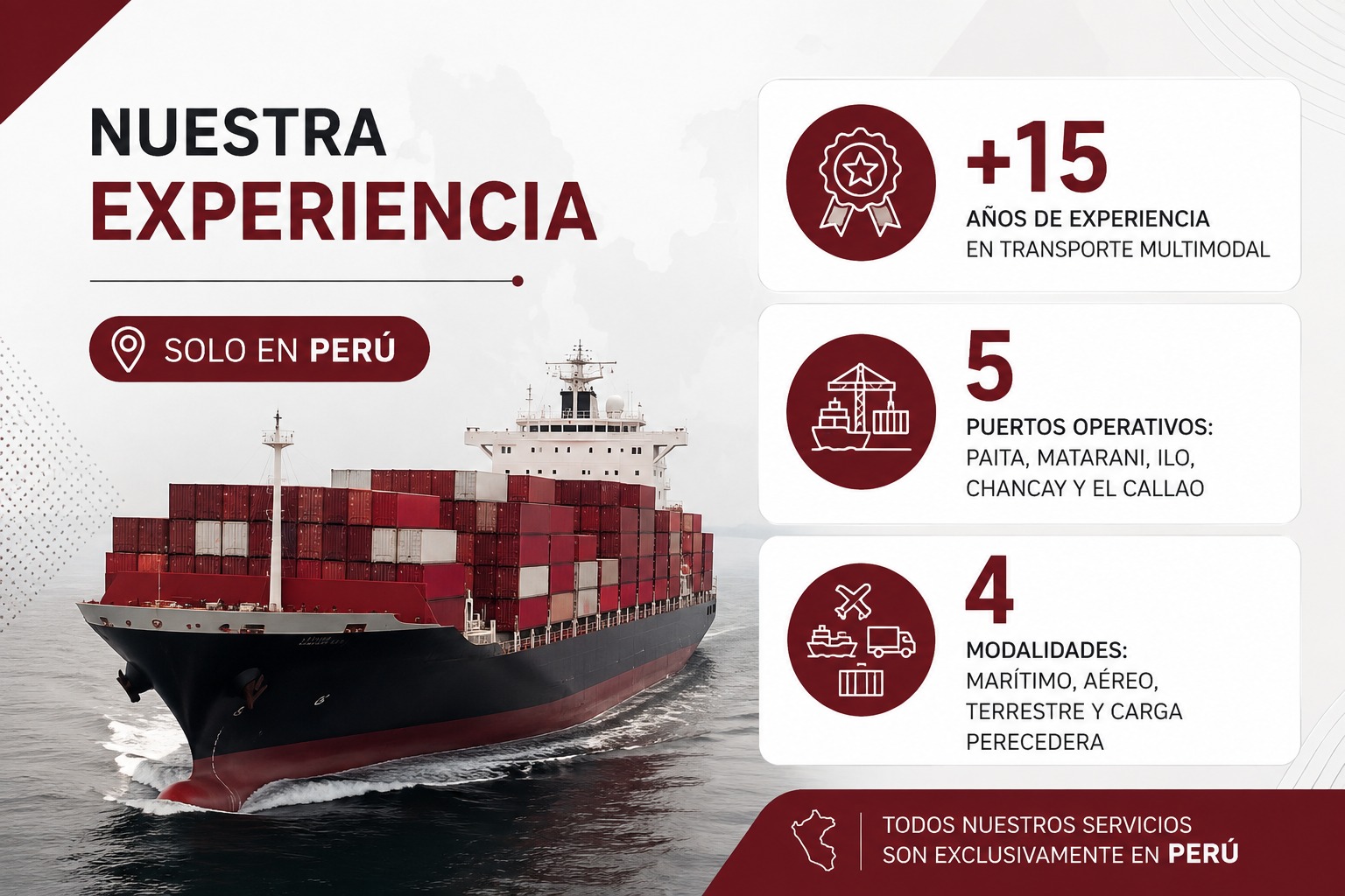 Nuestra experiencia: más de 15 años en transporte multimodal, cinco puertos operativos en Perú y cuatro modalidades de carga